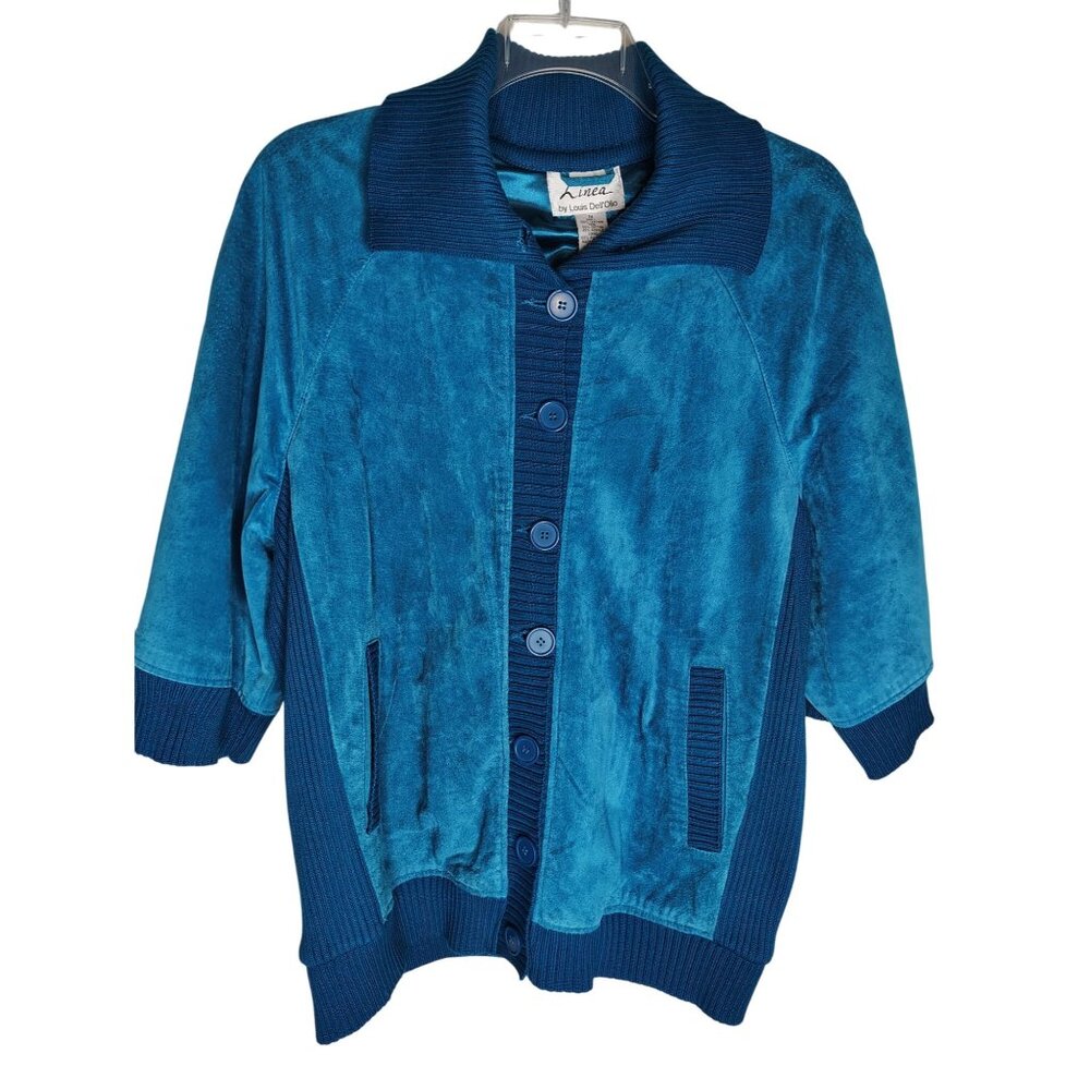 Vintage Línea By Louis Dell’olio 1X Teal Blue Leather Cotton Cardigan Sweater